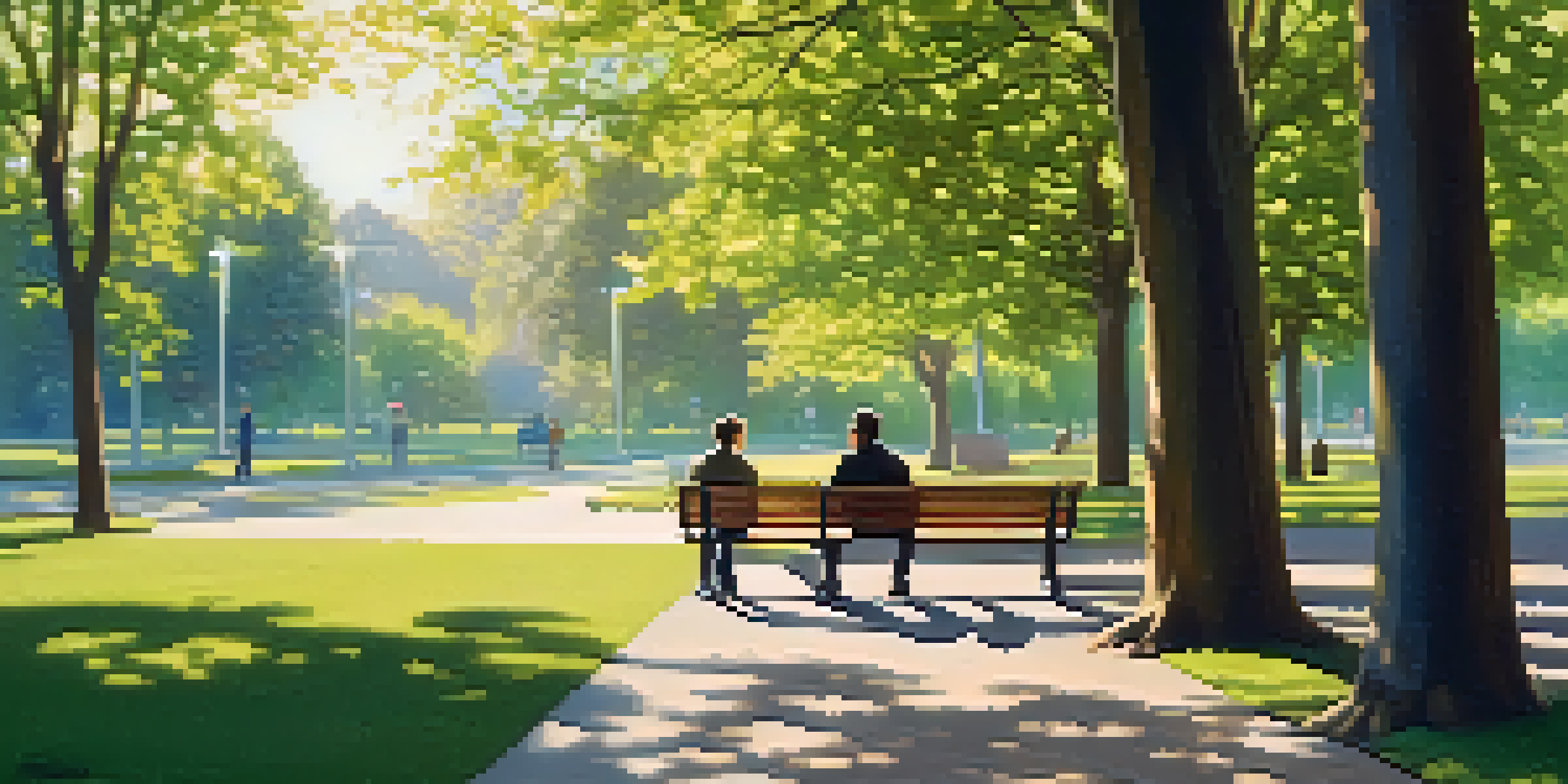 Two people in a park, one sitting on a bench and the other standing, engaged in a conversation with active listening.