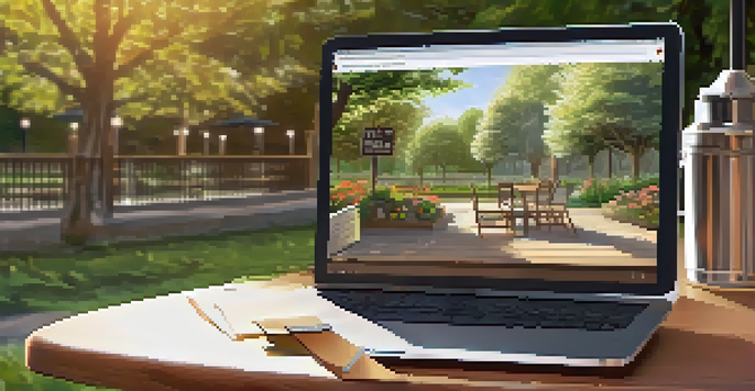 A traveler at a café table looking at a laptop, researching self-defense laws, surrounded by a beautiful garden.