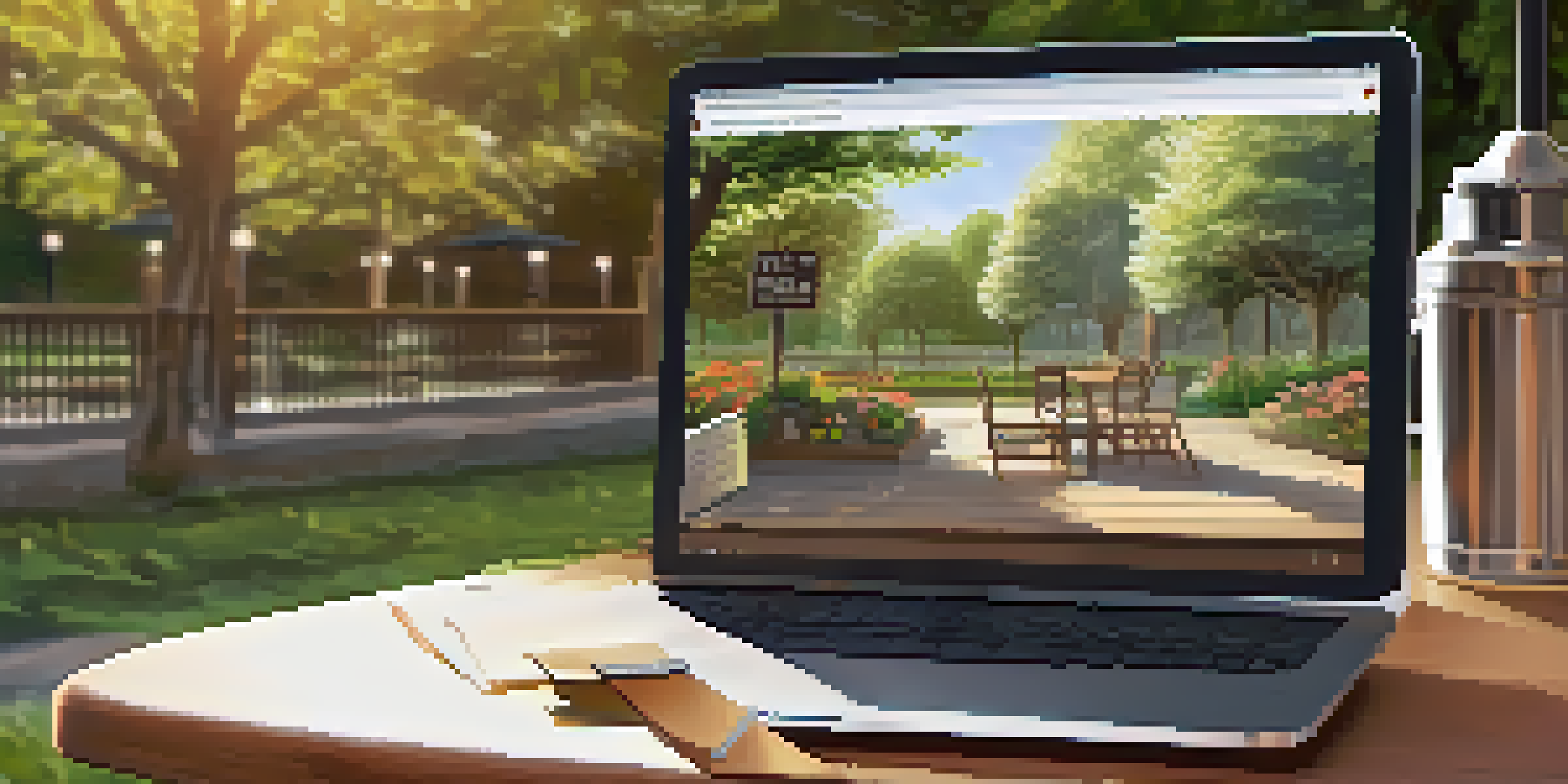A traveler at a café table looking at a laptop, researching self-defense laws, surrounded by a beautiful garden.
