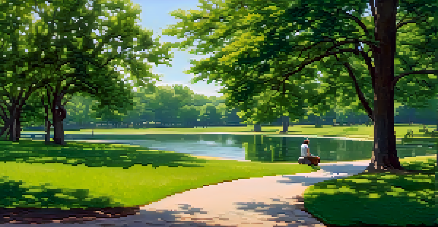 A person hiding behind a tree in a sunny park, observing the environment around a serene pond.