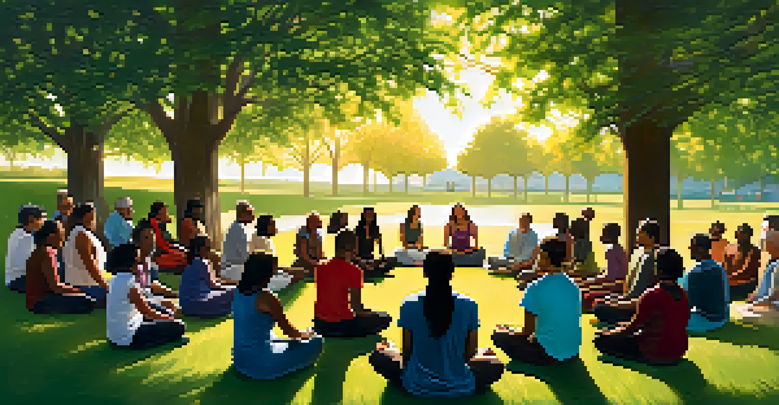 A diverse group of individuals meditating together in a sunny outdoor setting, surrounded by nature.