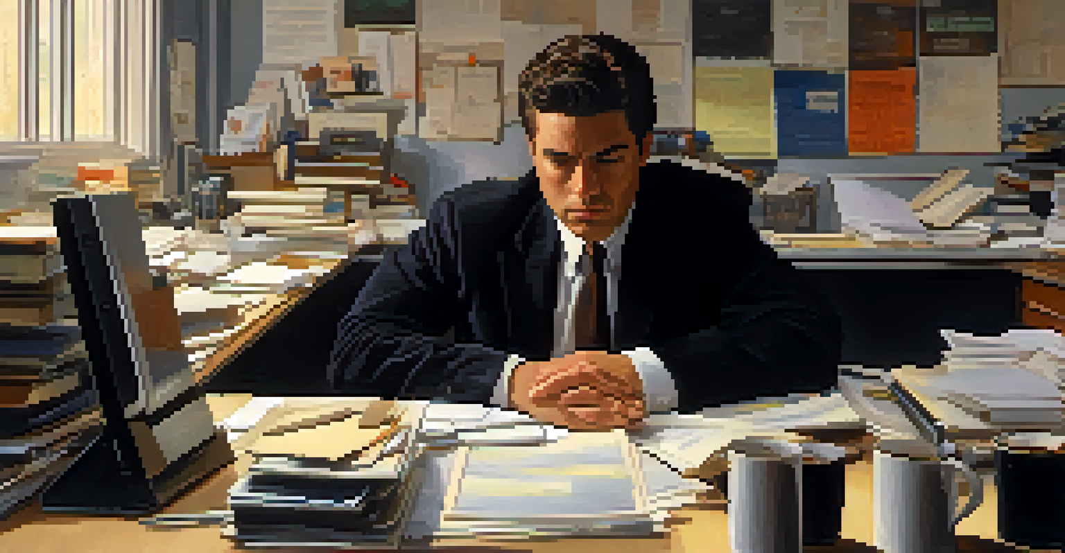 A close-up of a concerned employee showing signs of stress at their desk in a cluttered office.
