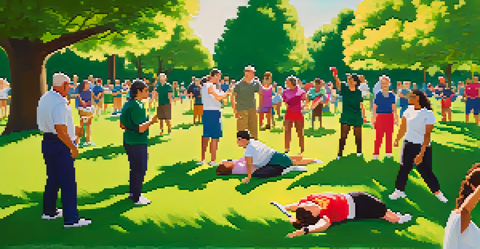 An outdoor self-defense workshop in a park, with instructors demonstrating techniques to an enthusiastic audience under the bright sun.