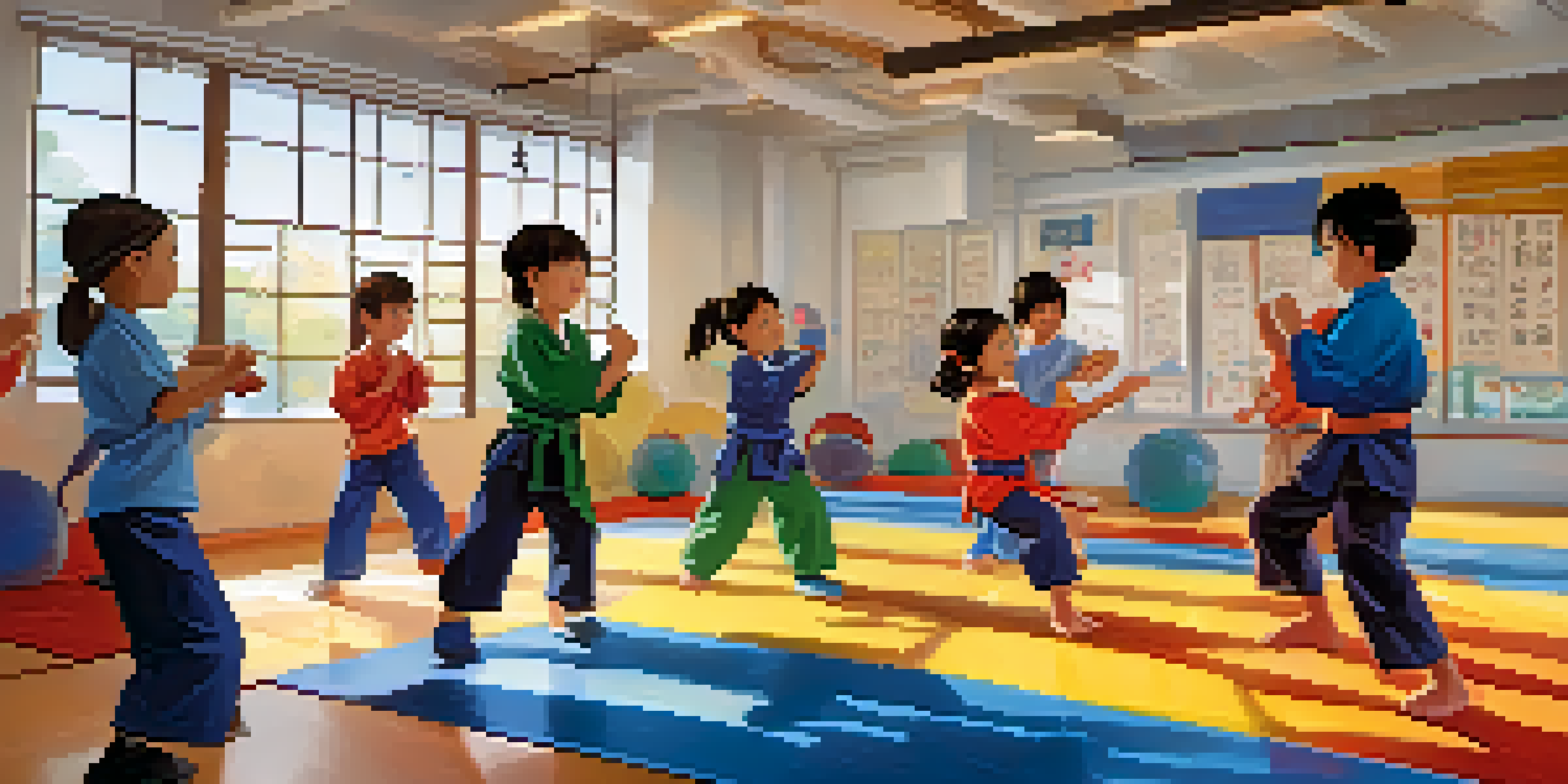 A group of children learning self-defense in a dojo with a friendly instructor, bright uniforms, and sunlight streaming through windows.