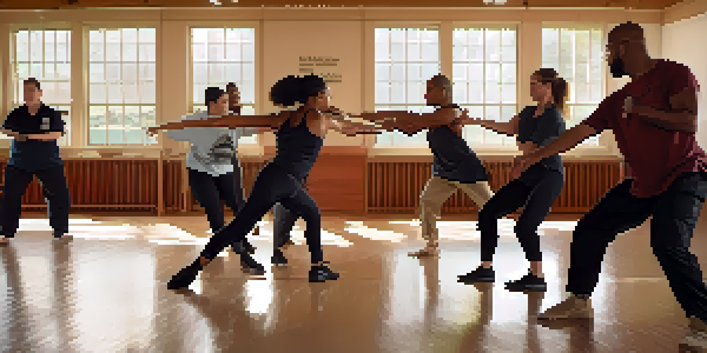 A diverse group of people practicing self-defense techniques in a community center, with an instructor in the foreground.