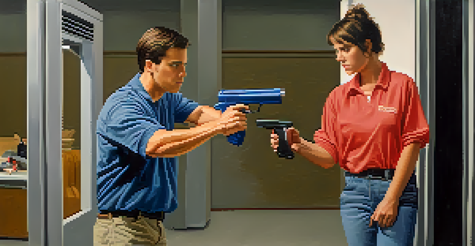 A person practicing with a stun gun in a controlled environment, focusing on their grip and stance while demonstrating concentration.