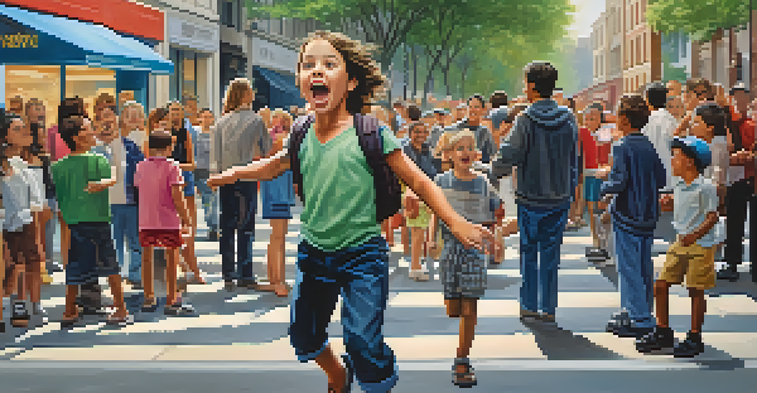 A child shouting for help in a public space, with adults around them showing concern.