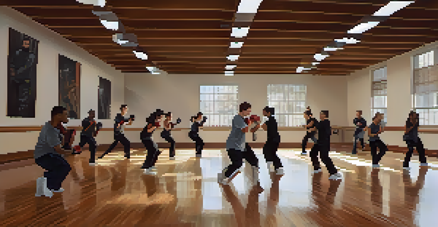 A diverse group of students practicing self-defense techniques in an indoor class, with mirrors reflecting their movements, conveying energy and community.