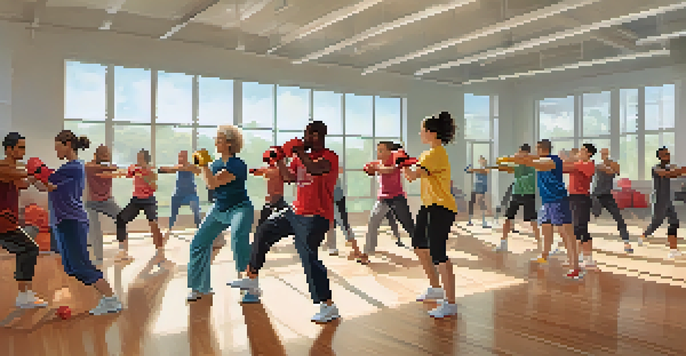 A group of people of different ages and backgrounds practicing self-defense techniques in a well-lit gym, creating a sense of community and support.