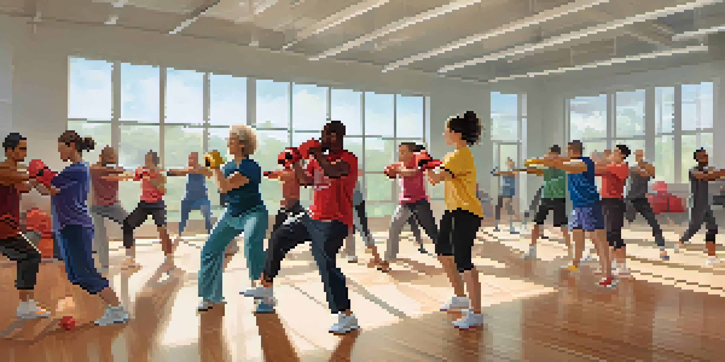 A group of people of different ages and backgrounds practicing self-defense techniques in a well-lit gym, creating a sense of community and support.