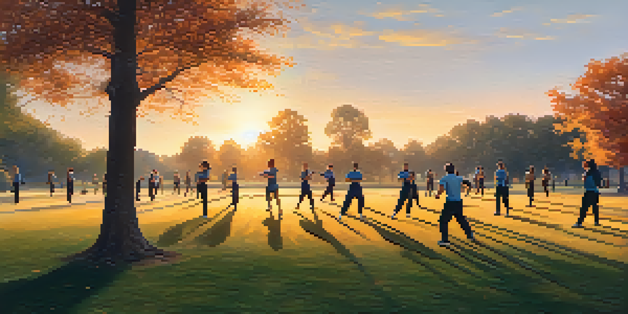 A diverse group of people practicing self-defense in a park during sunset, surrounded by trees and warm colors.