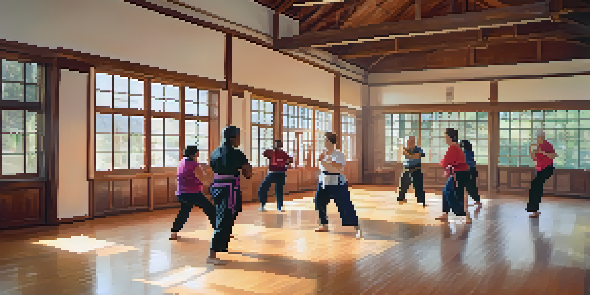 A diverse group of caregivers practicing self-defense techniques in a bright dojo, showcasing various ages and genders in athletic wear.