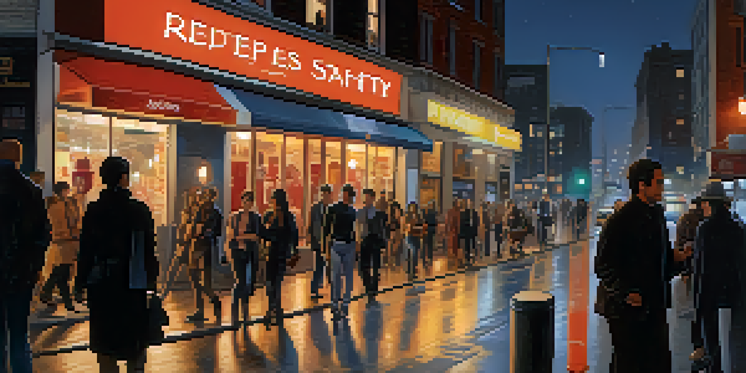 A woman on a busy urban street at night, looking aware and holding a pepper spray, surrounded by pedestrians and illuminated buildings.