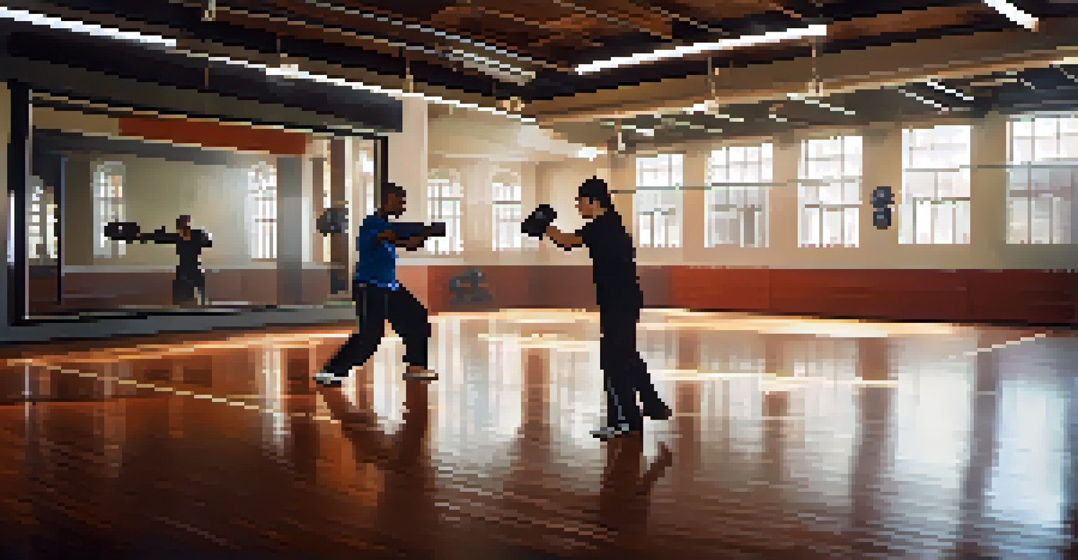 A person practicing self-defense techniques in a gym, showing a defensive stance with a self-defense keychain visible.
