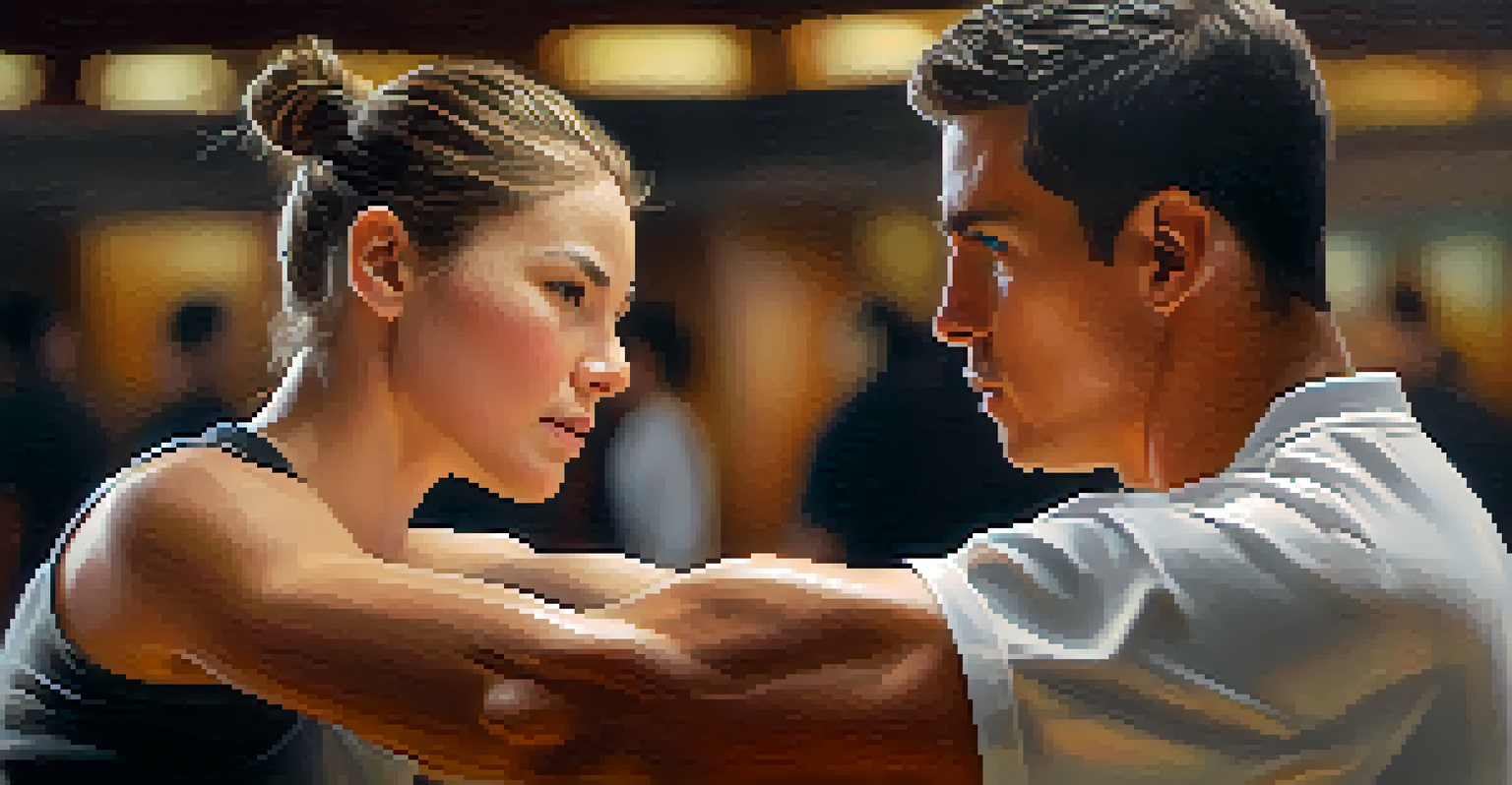 Two training partners practicing self-defense techniques, showing trust and concentration.