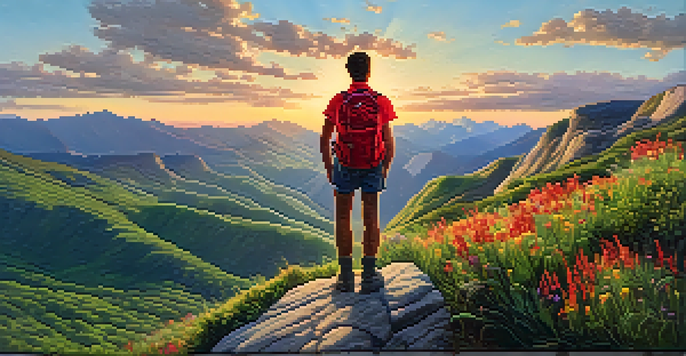 A hiker on a mountain peak with a sunset view over a green valley, wearing a red backpack, surrounded by wildflowers.