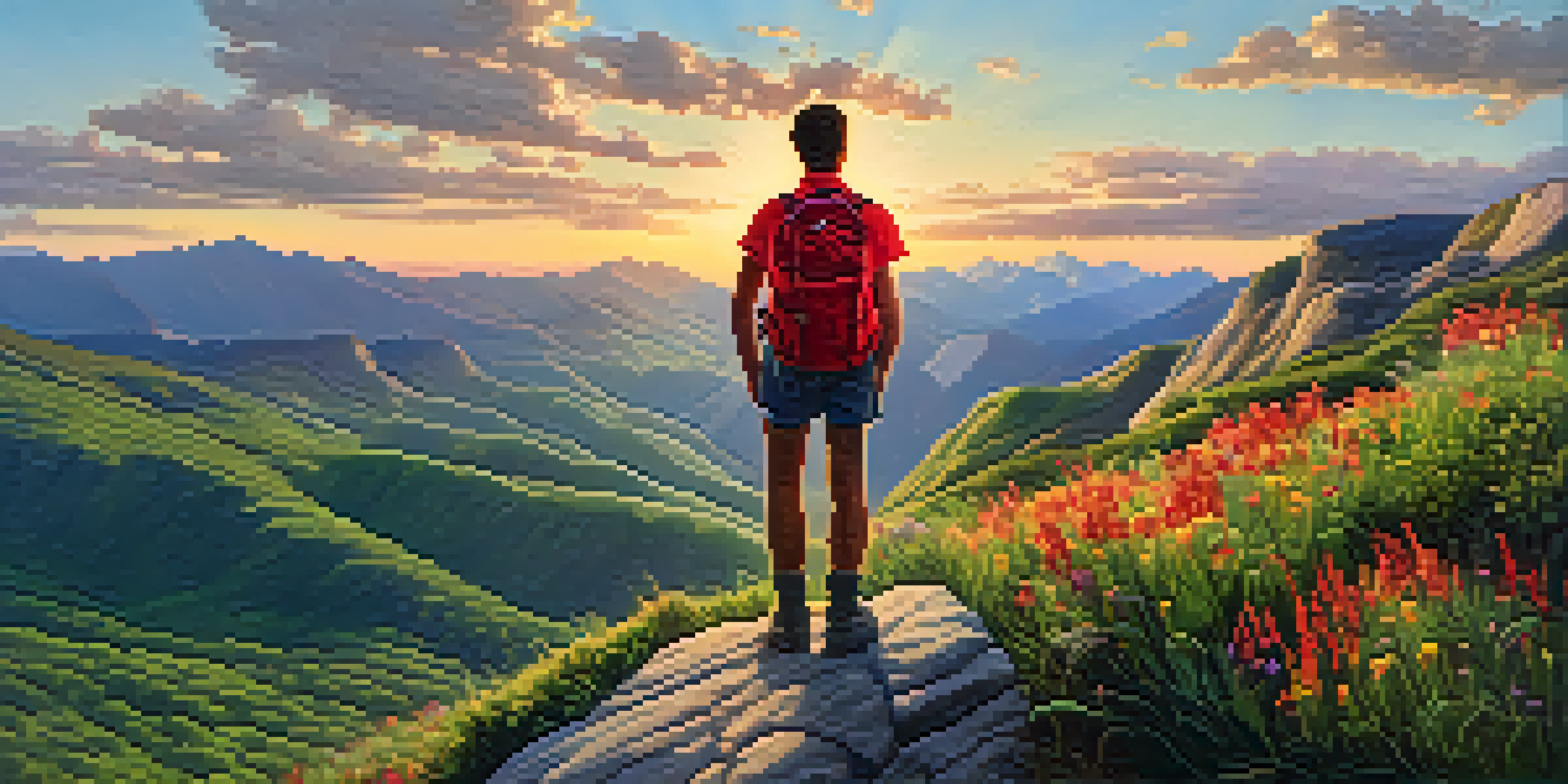 A hiker on a mountain peak with a sunset view over a green valley, wearing a red backpack, surrounded by wildflowers.