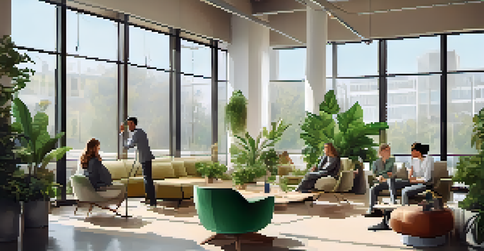 A diverse group of people in a well-lit office meeting, one person is speaking assertively while others are listening attentively, surrounded by plants.