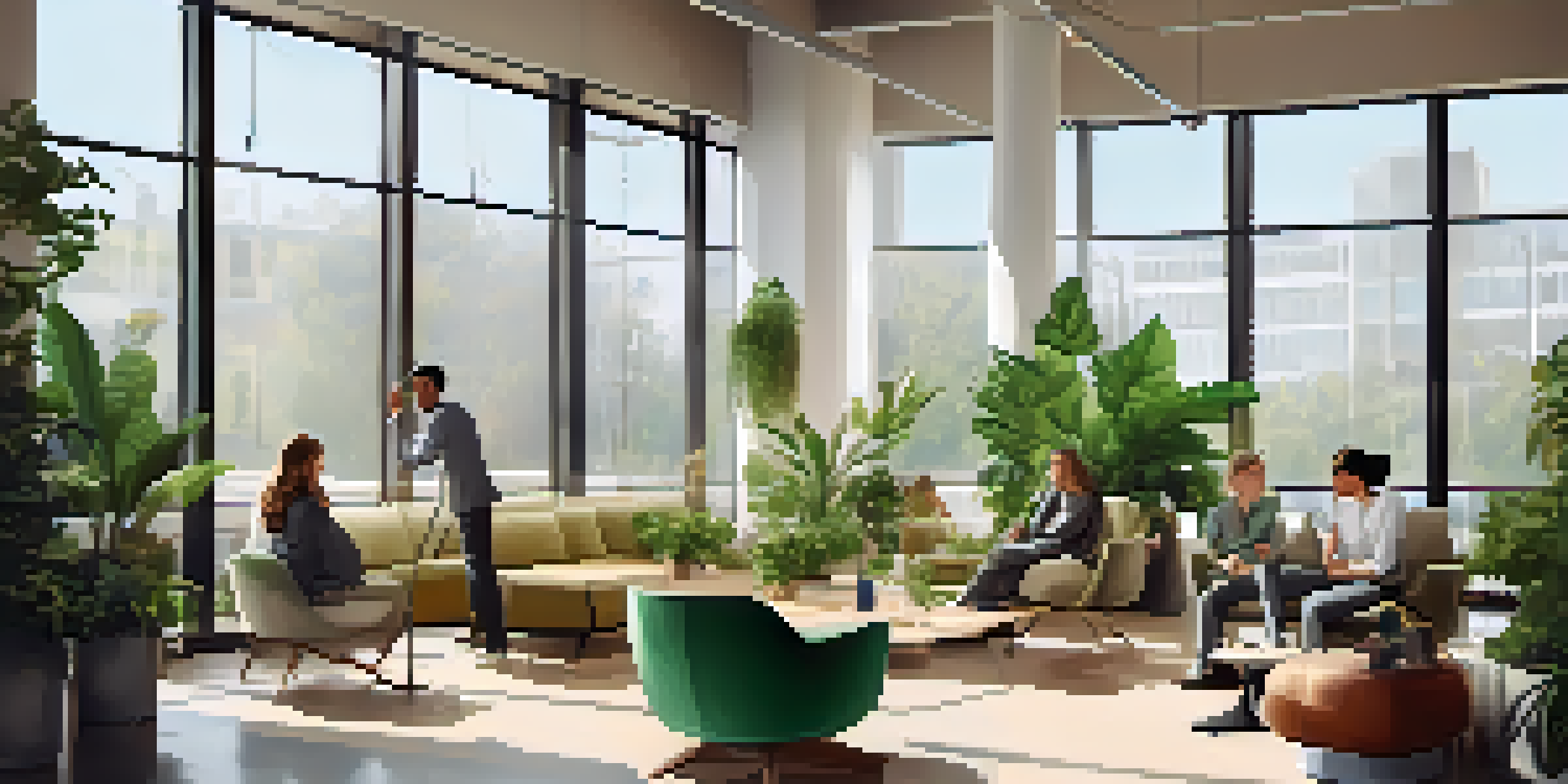 A diverse group of people in a well-lit office meeting, one person is speaking assertively while others are listening attentively, surrounded by plants.