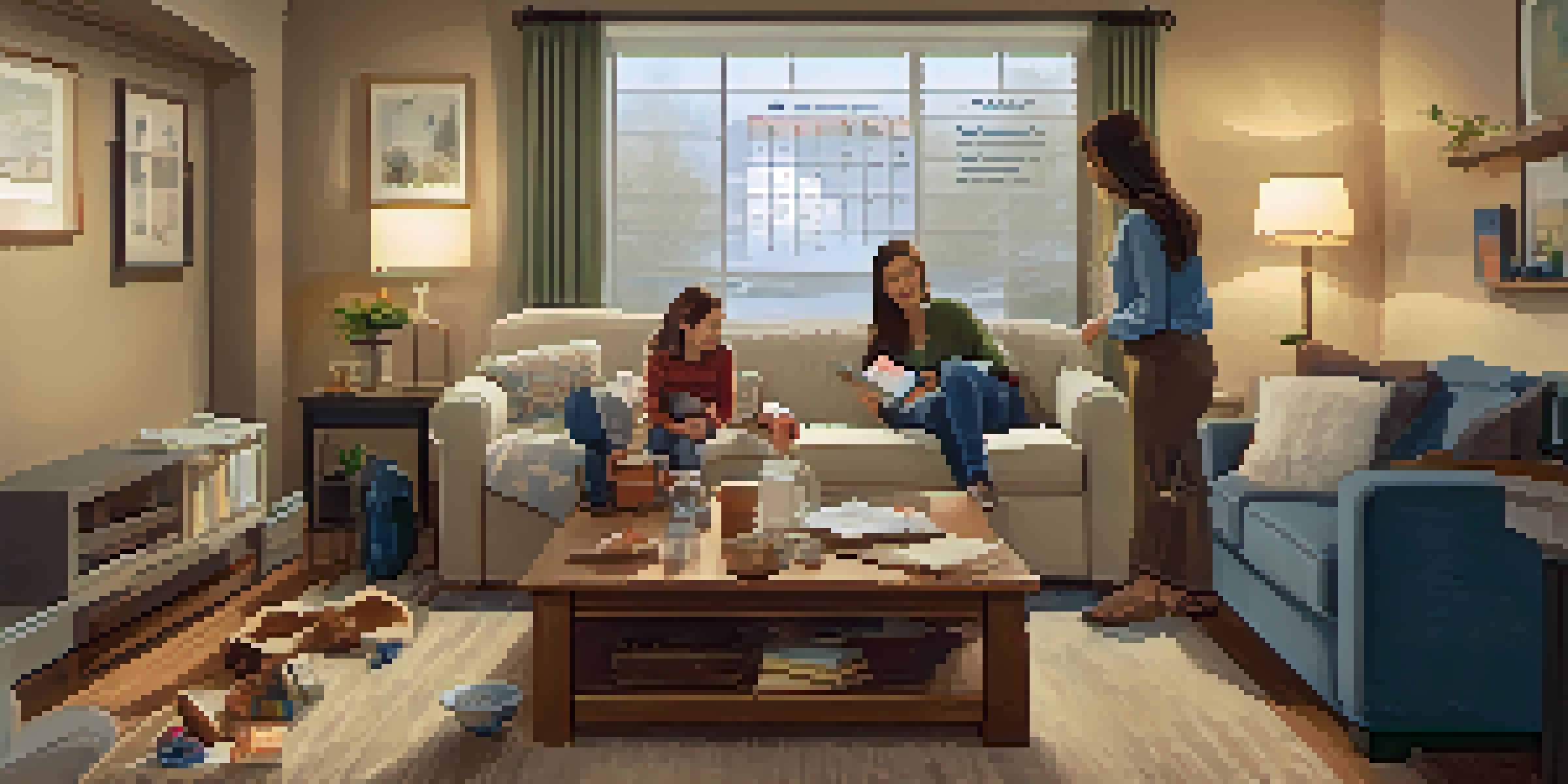A family gathered in a cozy living room discussing their emergency safety plan, with an emergency kit on the table.