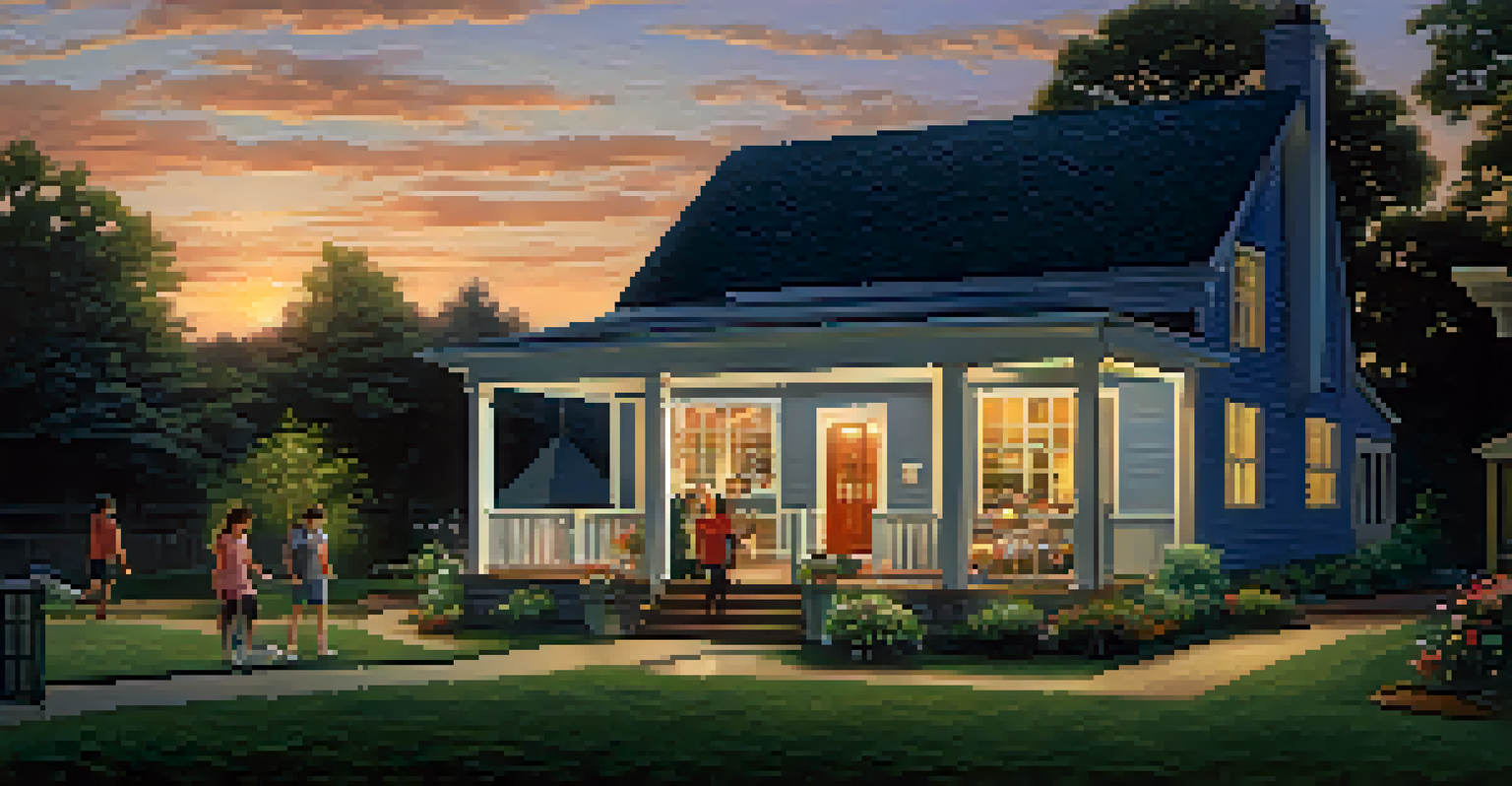 An outdoor view of a house at dusk with motion-sensor lights and a family on the porch, highlighting a secure environment.