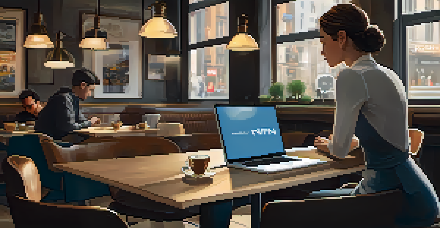 A person at a busy café working on a laptop with a VPN icon on the screen, surrounded by a coffee cup and a notebook.