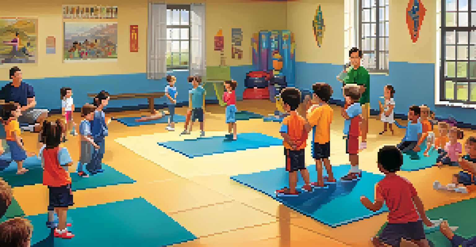 A diverse group of children observing a self-defense instructor demonstrating techniques in a community center.