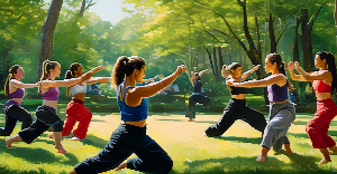 A group of diverse women practicing self-defense techniques in a sunny park, surrounded by greenery, showcasing empowerment and unity.