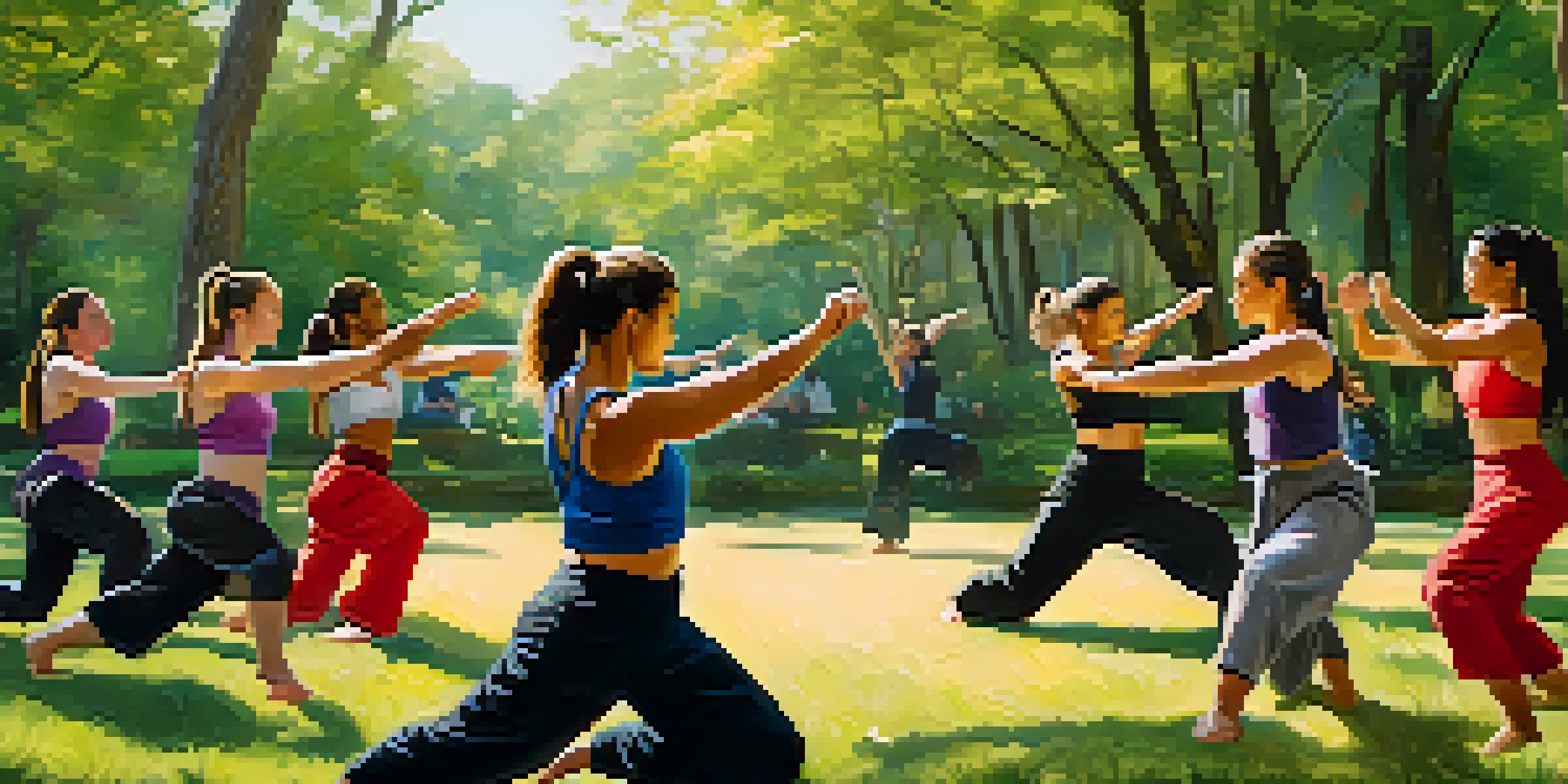 A group of diverse women practicing self-defense techniques in a sunny park, surrounded by greenery, showcasing empowerment and unity.