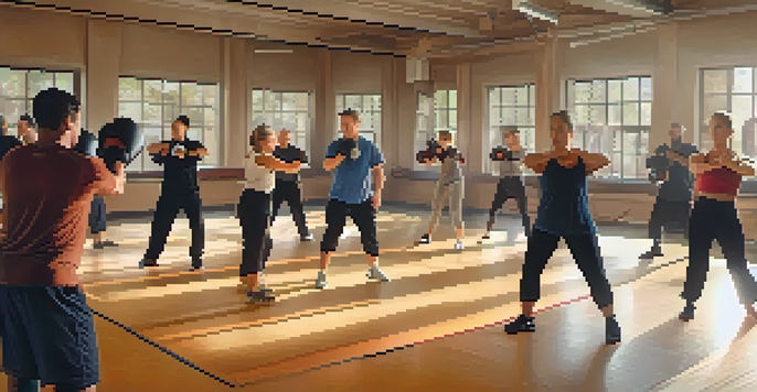A group of people of different ages and backgrounds practicing self-defense techniques in a gym, with instructors guiding them.