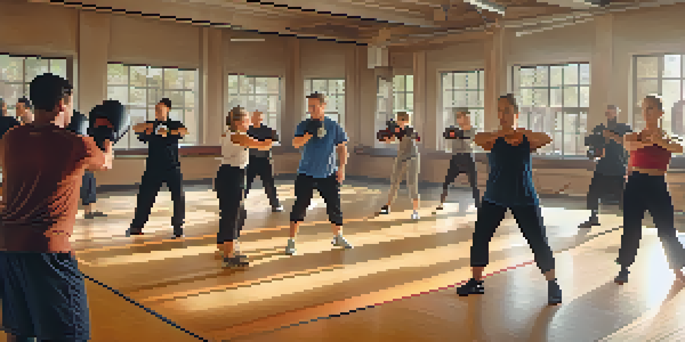 A group of people of different ages and backgrounds practicing self-defense techniques in a gym, with instructors guiding them.