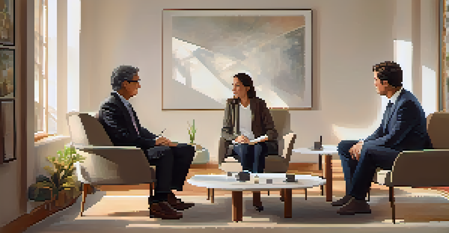 A mediation session with a mediator between two individuals in a cozy setting, indicating a collaborative discussion.
