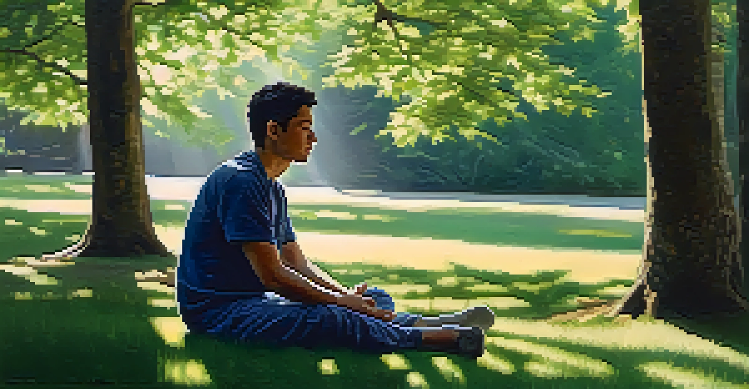 An individual sitting cross-legged on grass, practicing deep breathing in a peaceful outdoor setting with trees and sunlight.