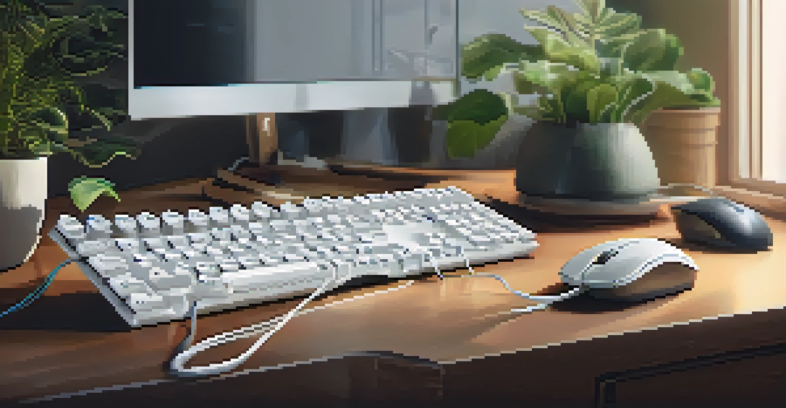 A clean desk with a computer keyboard and mouse, organized cables, and a stylish desk lamp illuminating the workspace.