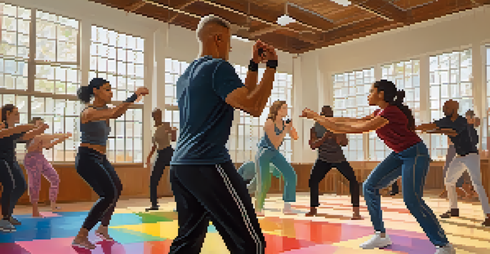 A diverse group practicing self-defense techniques in a gym, showcasing empowerment and unity within the LGBTQ+ community.