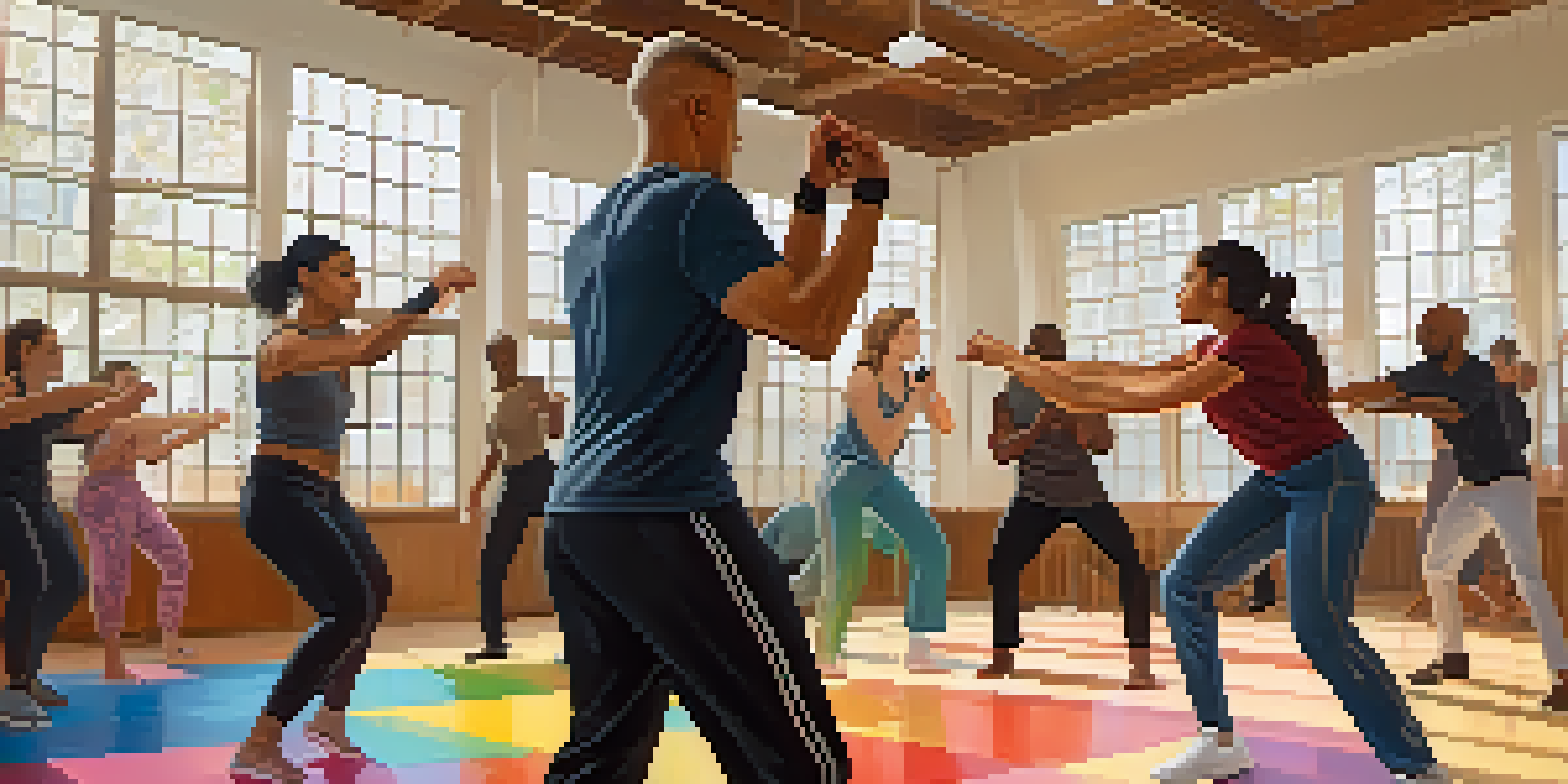 A diverse group practicing self-defense techniques in a gym, showcasing empowerment and unity within the LGBTQ+ community.