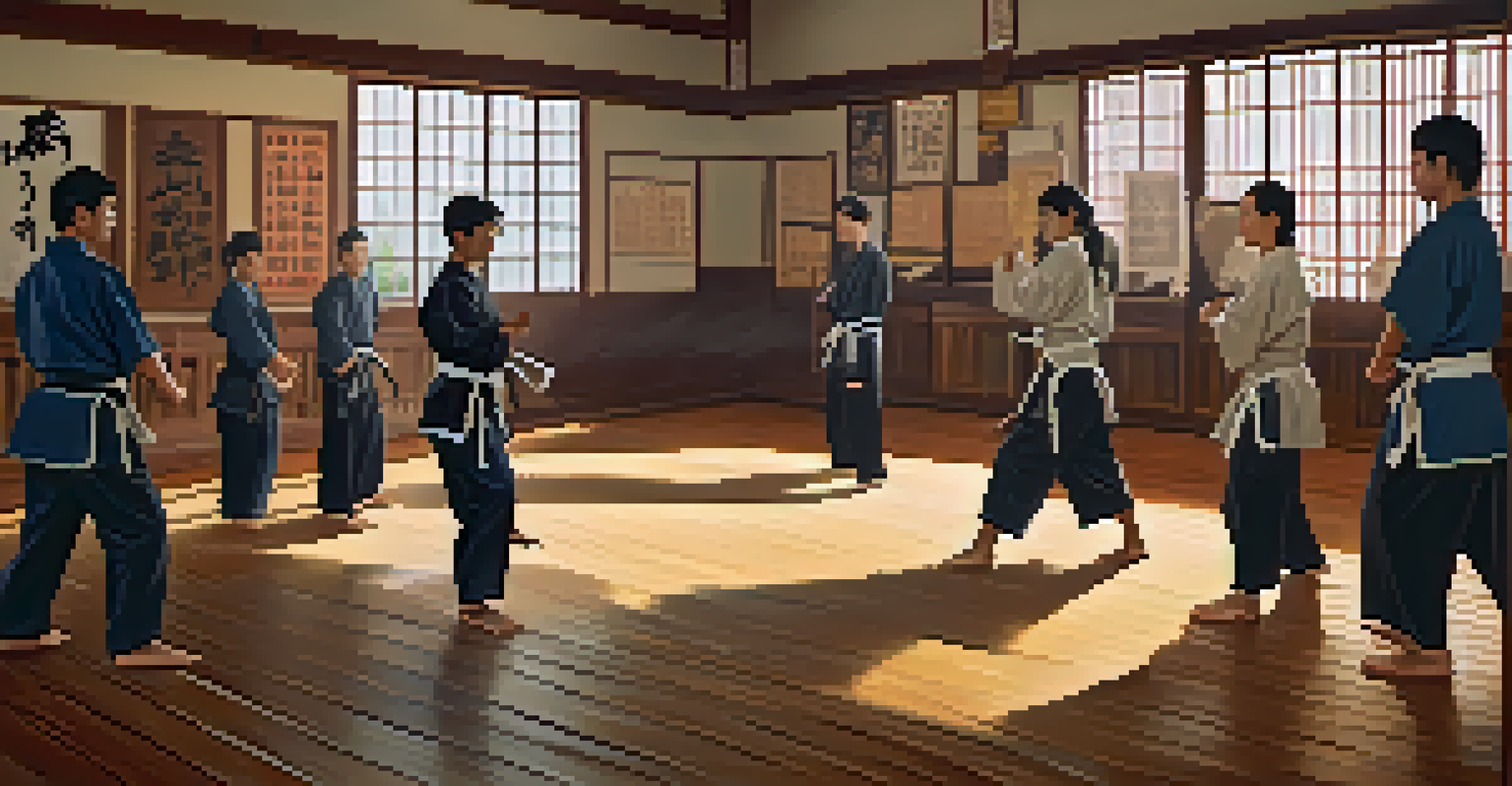 An instructor demonstrating a self-defense technique in a dojo surrounded by attentive students, with traditional decor.