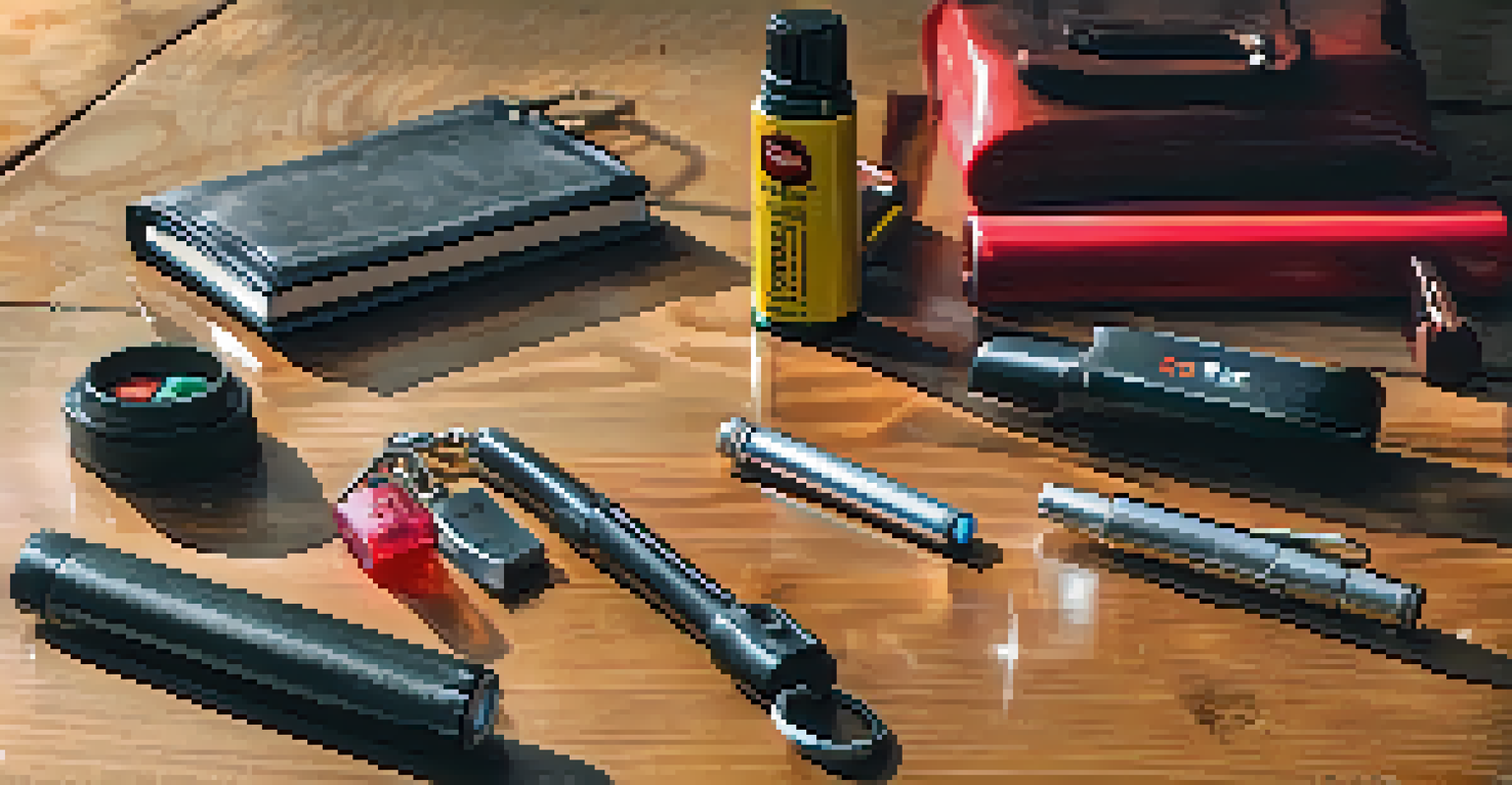 A close-up view of different self-defense tools on a wooden table, including pepper spray, a personal alarm, and a keychain, with a notepad and pen.