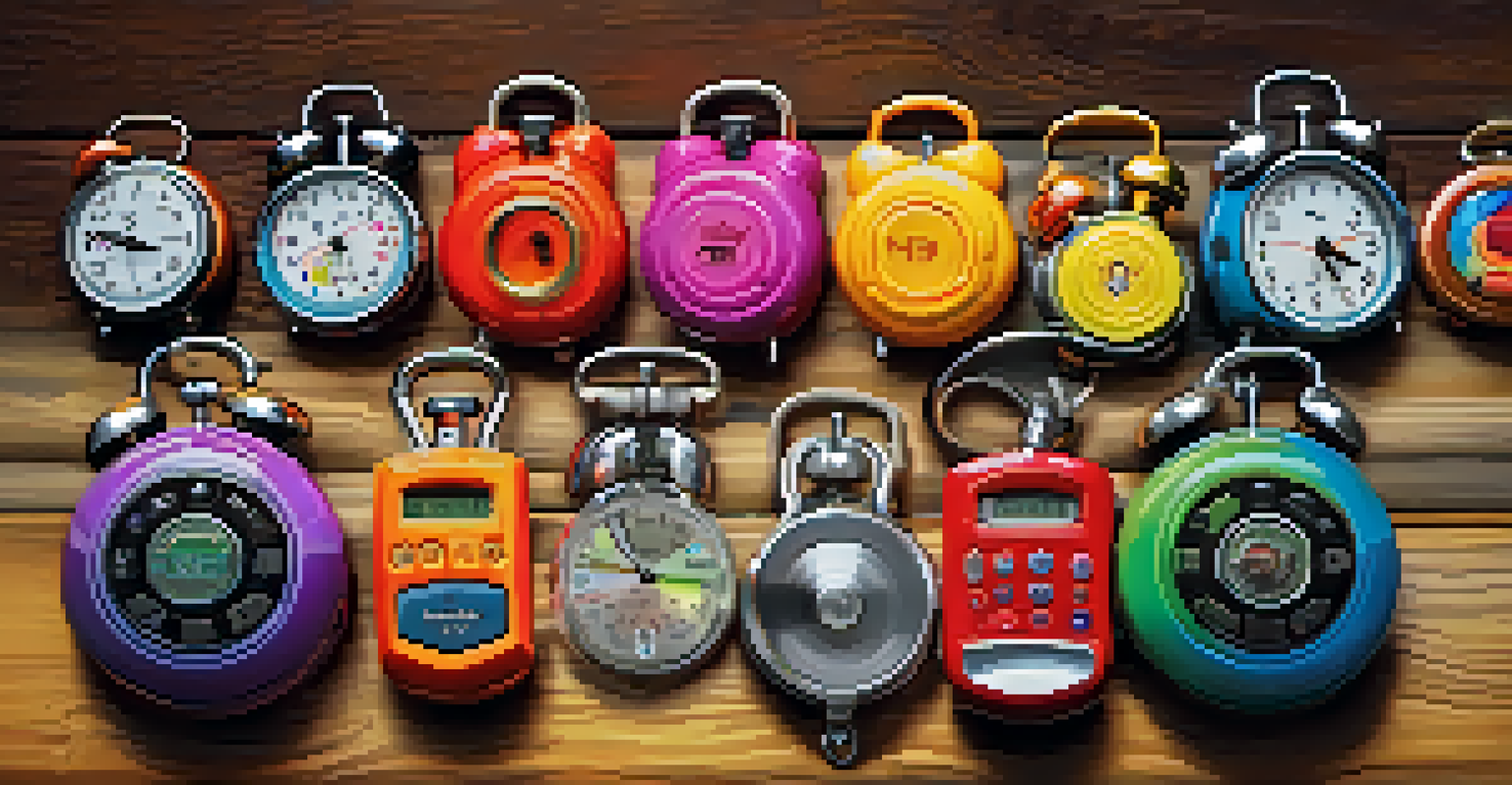 A variety of colorful personal alarms displayed on a wooden table, showcasing different designs and features.