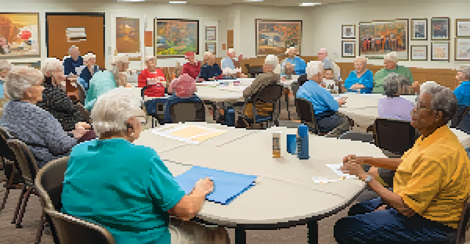 Seniors participating in a safety workshop at a community center, practicing communication techniques.