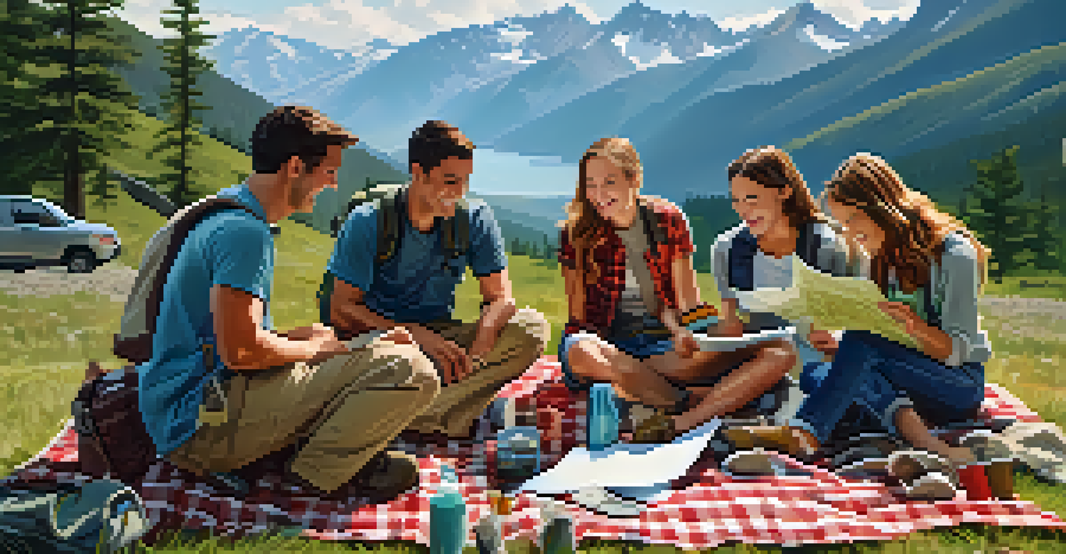 A group of friends planning their outdoor safety strategy with a map on a picnic blanket.