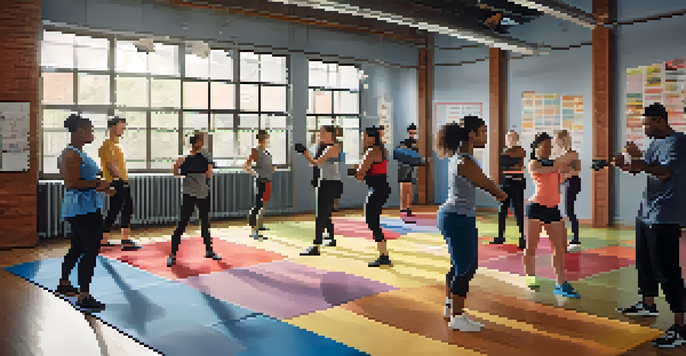 A diverse group of individuals practicing self-defense techniques in a gym, showcasing inclusivity and various body types.