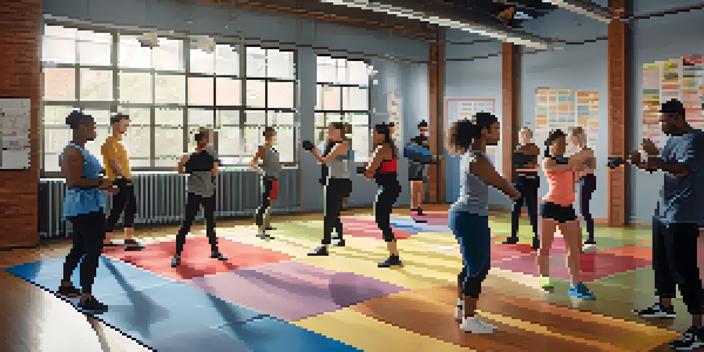 A diverse group of individuals practicing self-defense techniques in a gym, showcasing inclusivity and various body types.