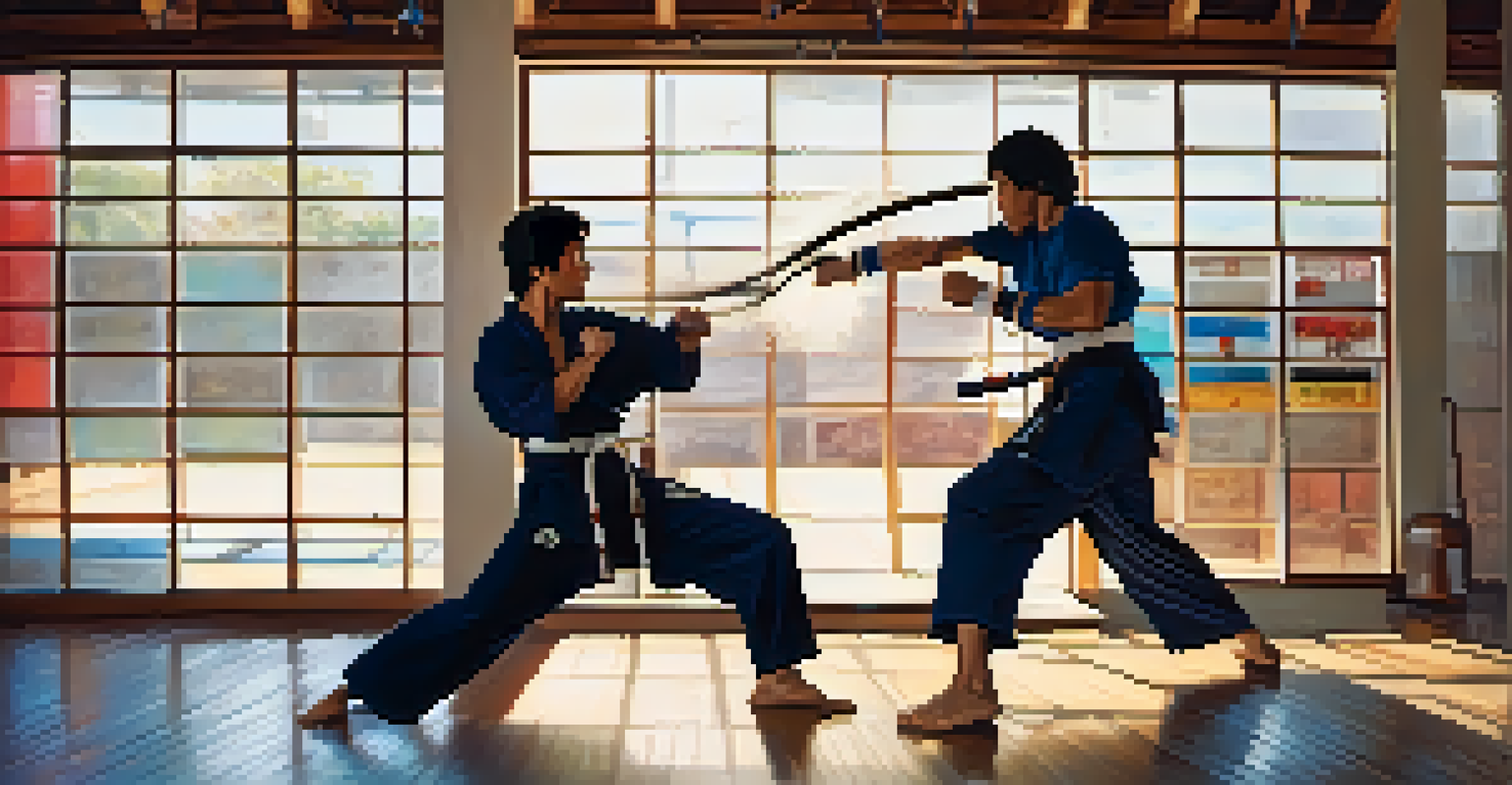 Two martial artists sparring with nunchaku in a colorful gym setting.