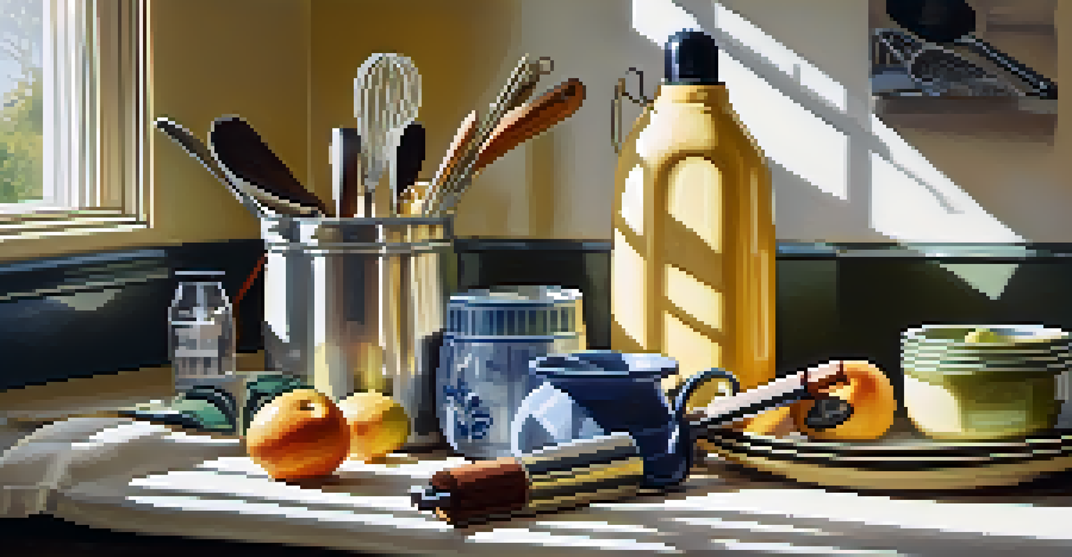 An artistic arrangement of a pen, an umbrella, and a kitchen utensil on a kitchen counter, illuminated by natural light.