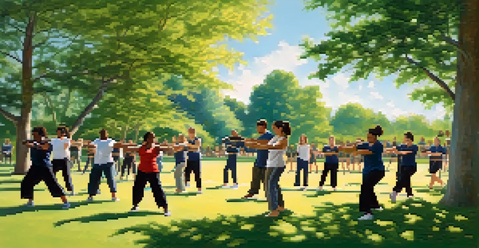 A diverse group of individuals participating in a self-defense training class in a sunny park, practicing techniques amidst greenery.