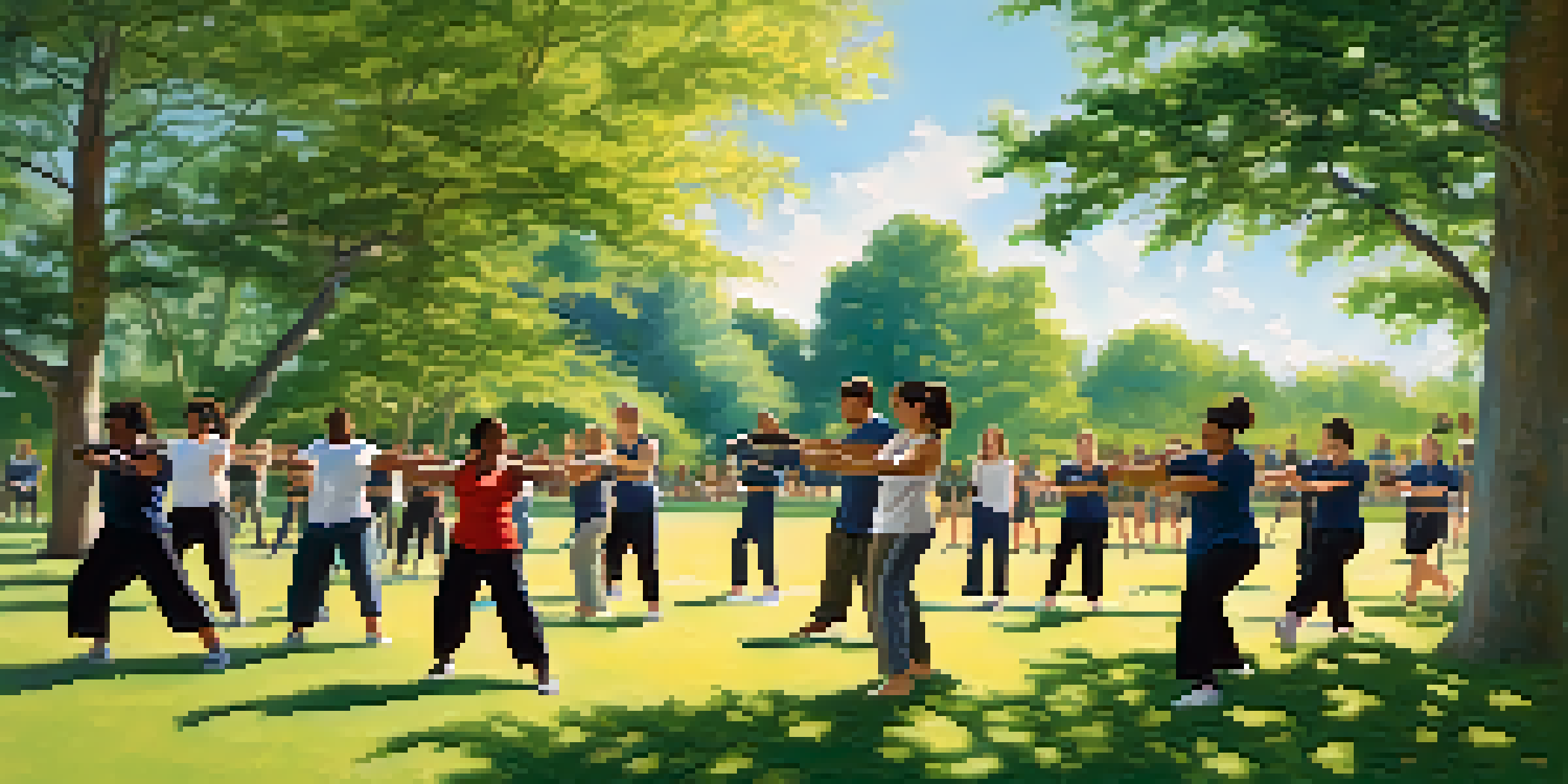 A diverse group of individuals participating in a self-defense training class in a sunny park, practicing techniques amidst greenery.