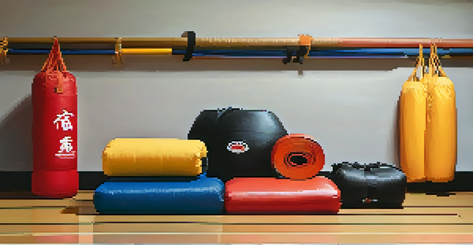 A close-up of various self-defense training gear like gloves and pads, arranged on a mat.