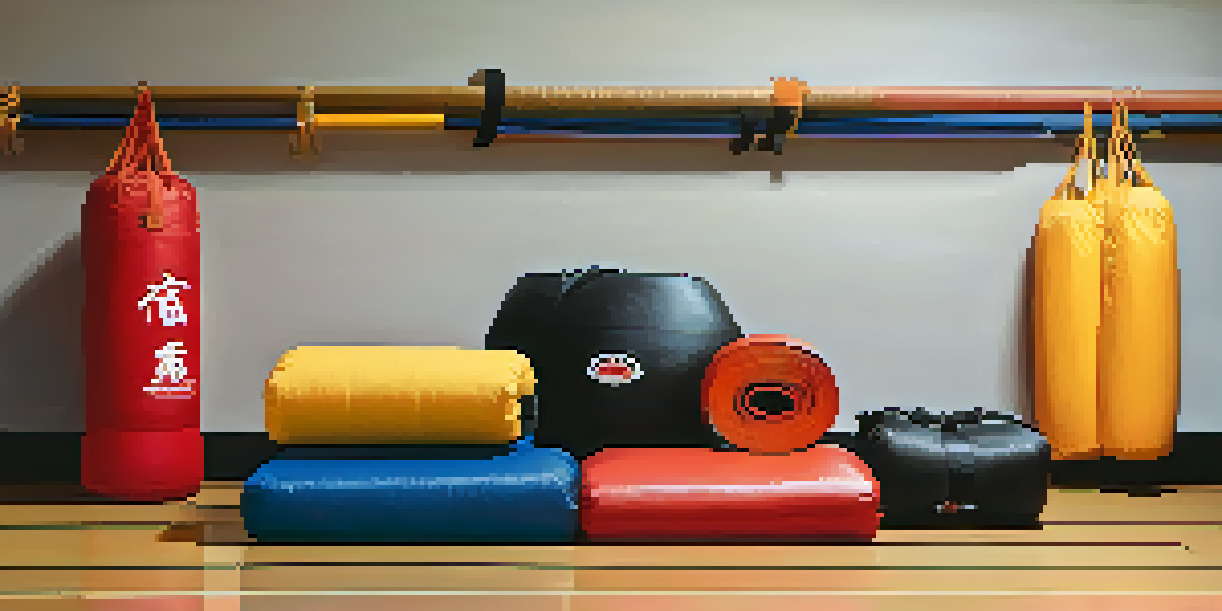 A close-up of various self-defense training gear like gloves and pads, arranged on a mat.