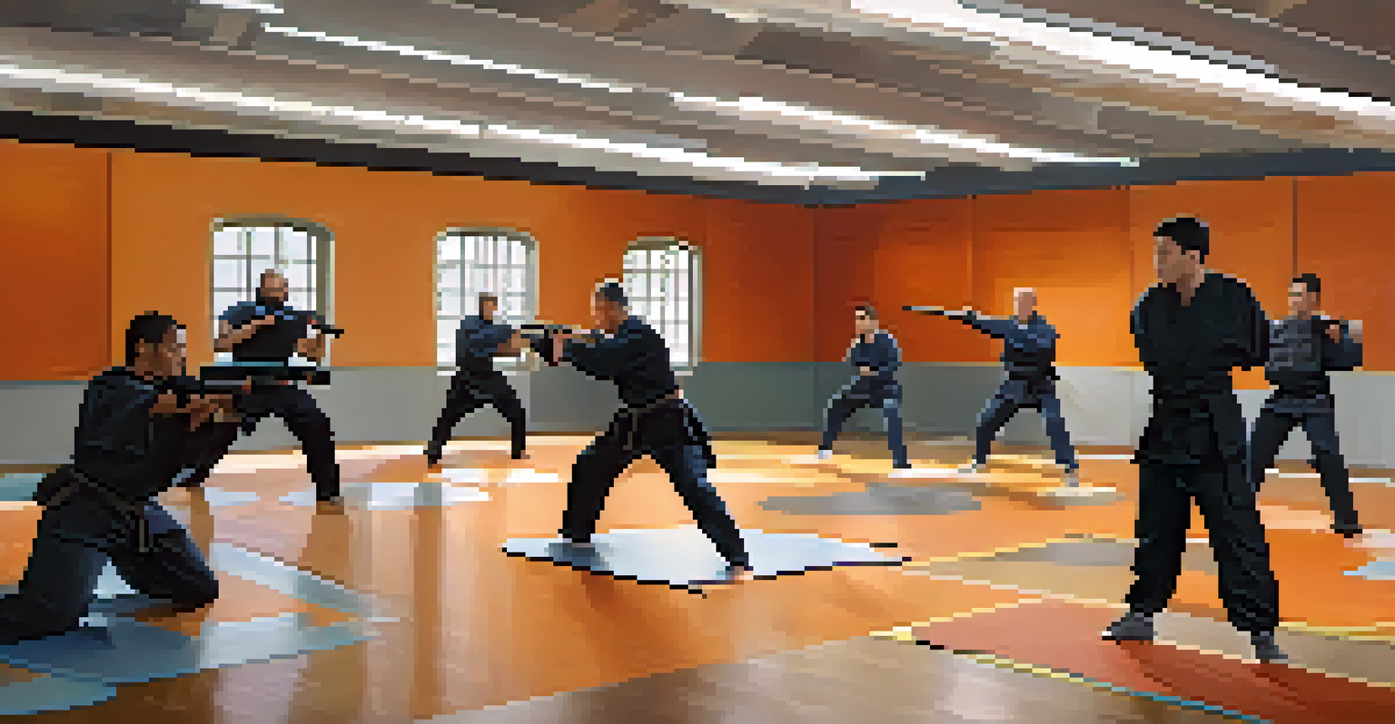 Diverse individuals engaged in a role-playing exercise in a self-defense training environment, showcasing various emotions.